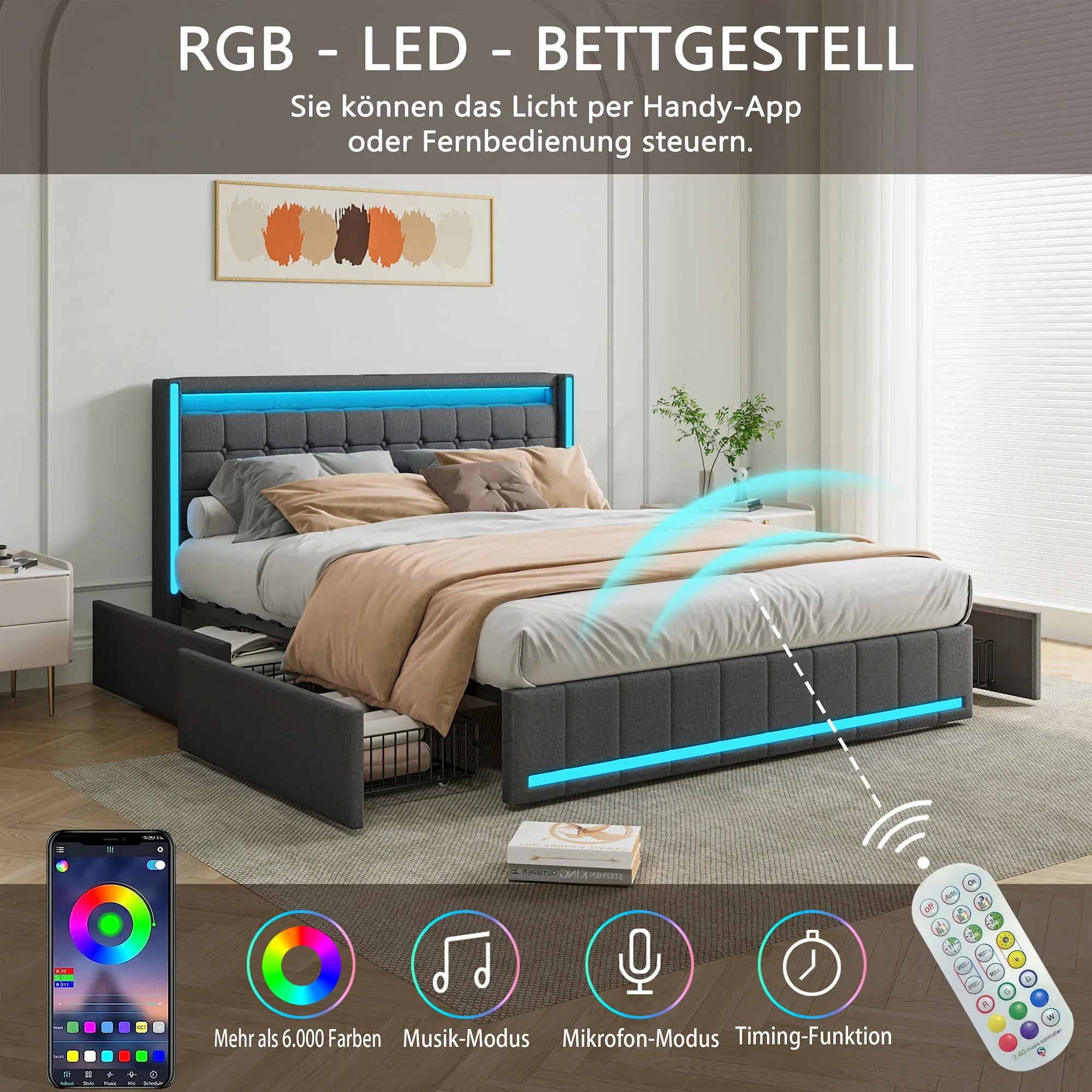 Comanlai Gepolstertes Doppelbett mit 4 Schubladen, Stauraumbett mit Lattenrost, Bettgestell mit USB-Ladeanschluss und LED-Beleuchtung – Detail 6