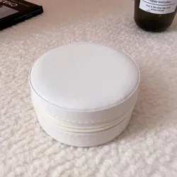 Compact Round Jewelry Organizer Case - PU Leather Portable Travel Storage for Necklaces, Earrings, and Rings (White)
