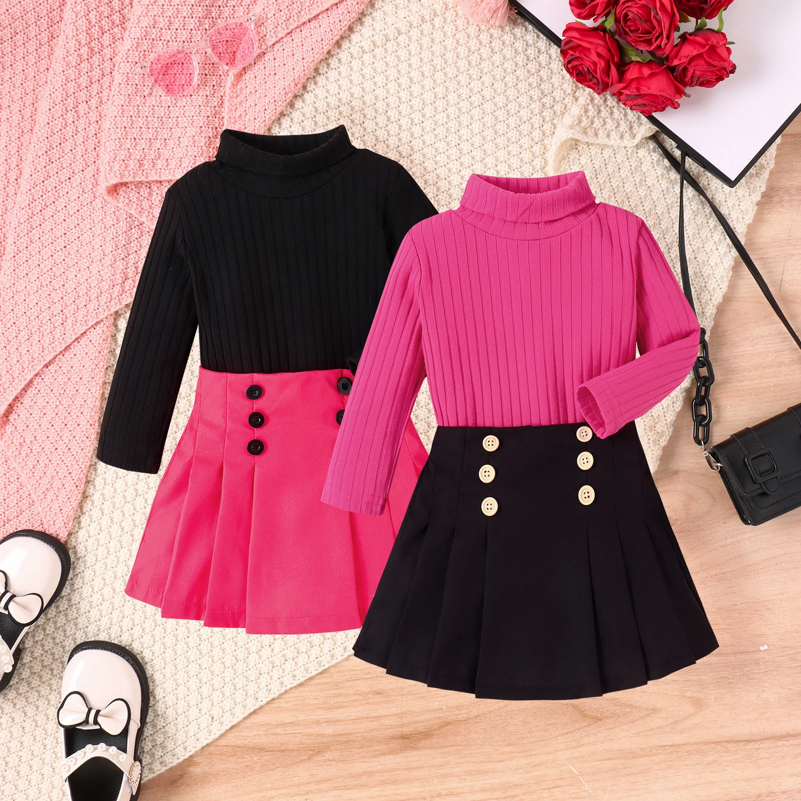 

Kids Clothes Girls 2Pcs Outfits Long Sleeve Turtleneck Neck Pullover Tops+Pleated Skirt Sets Child Birthday Party Baby Clothing