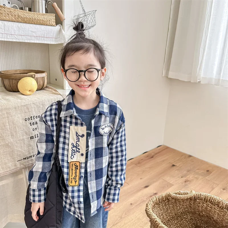 

2024 Autumn Kids clothes linen cotton plaid long sleeve shirts boys and girls letters embroidery lapel collar casual Tops