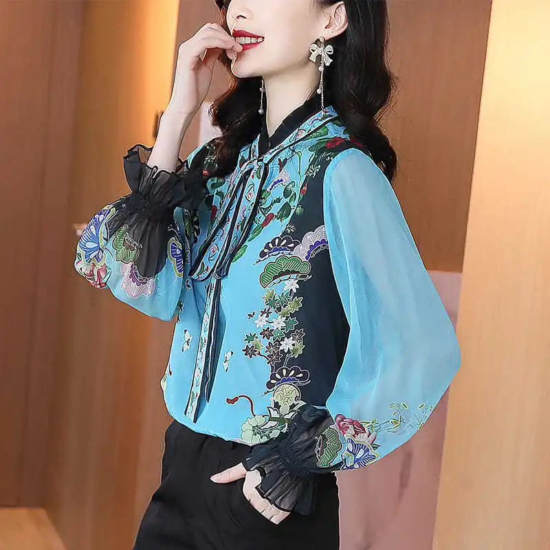 Vintage Printed Spliced Lace Up Bow Ruffles Blouse Women's Clothing 2022 Autumn New Casual Pullovers All-match Office Lady Shirt