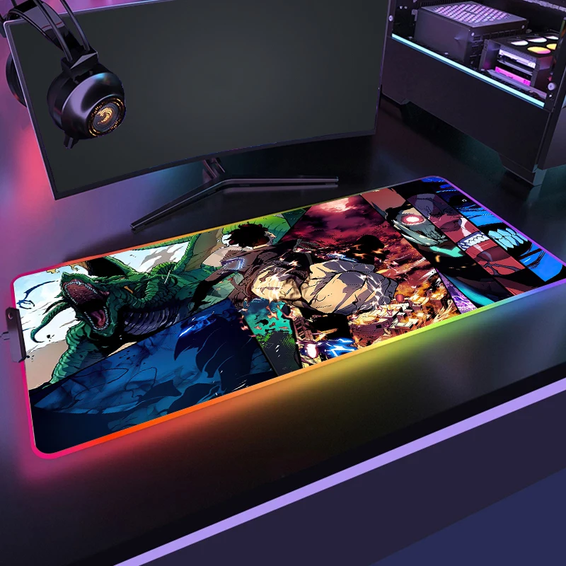 

Solo Leveling Mousepad RGB Sung Jinwoo Computer Gaming Accessories Mouse Mat LED Light Mouse Pad Gamer Non-slip Mausepad Deskmat