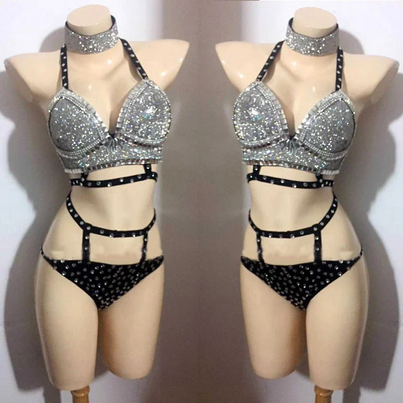 Rhinestone crystal bikini stage costume detail