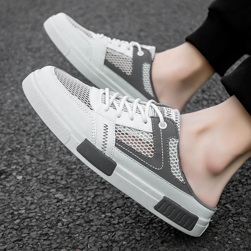Men's Half Slippers Mesh Perforated Platform Shoes Odor Proof and Rubber Soled Shoes Oversized Black Sleeve One Foot Lazy Shoes 4
