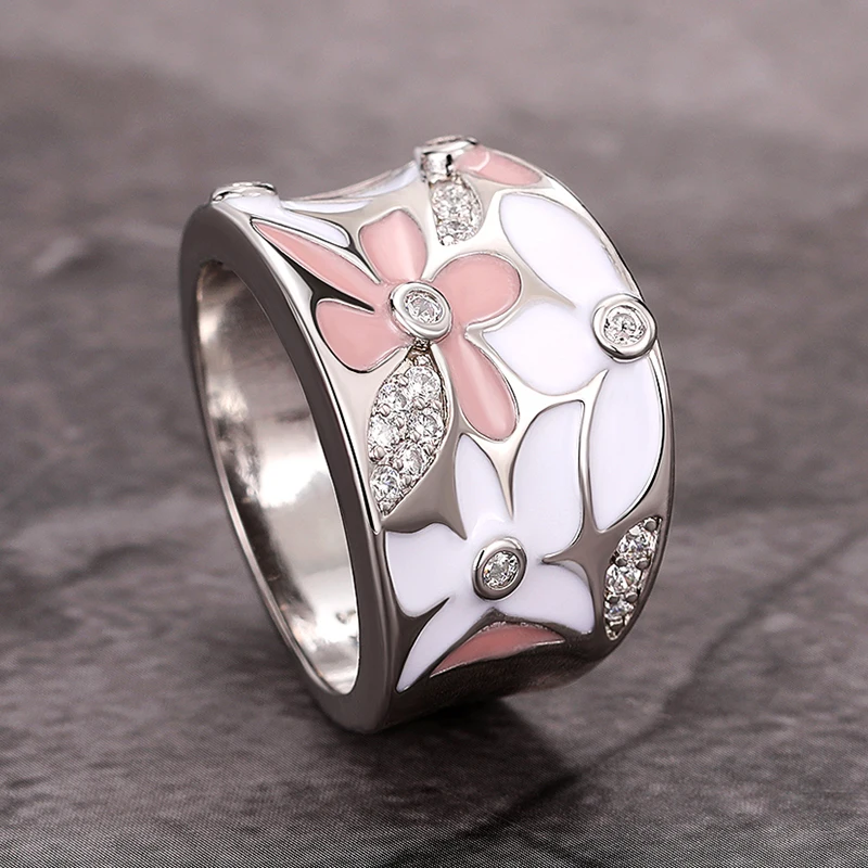 Enamel Flower Finger Ring for Women Wedding Party Silver Color Cubic Zirconia Jewelry Gift