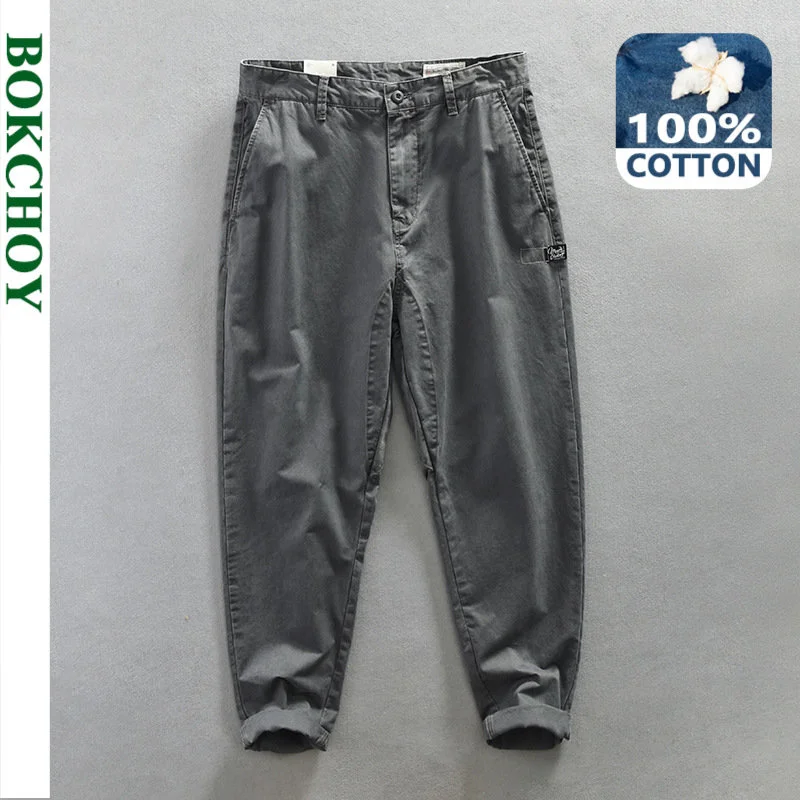

2023 Spring New Casual Trousers for Men 100% Cotton Simple Pants Solid Color Oversize Men Clothing AZ613