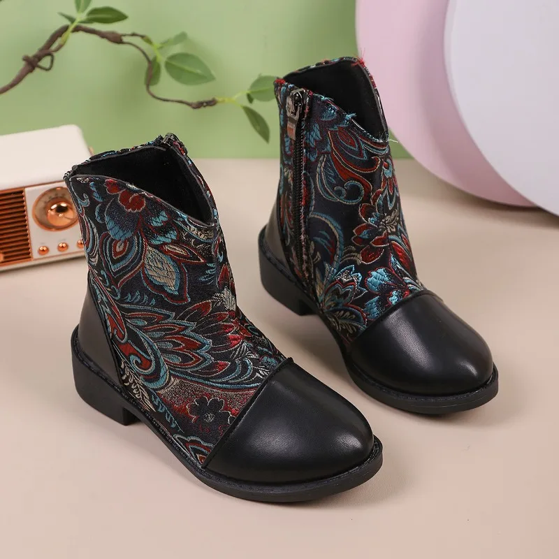 Kids Leather Boots Chinese Ethnic Style Girls Princess Boots Embroidered Chic 2025 Autumn Winter New Children Short Boots Zipper