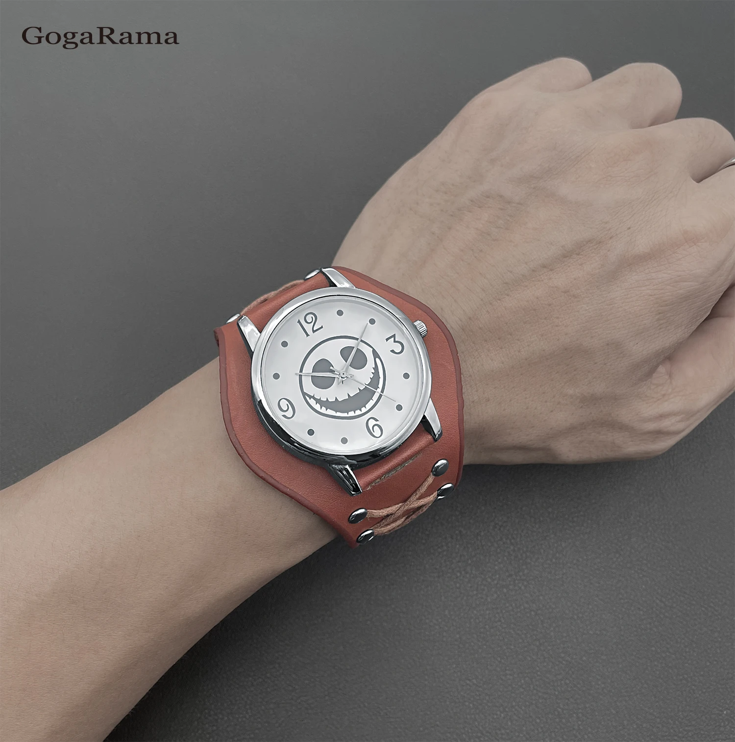 New Luxury Brand Men's Watch Brown Leather Punk Skull Head Metal Buckle 40mm Large Dial Quartz Watch Relogios Masculino 6