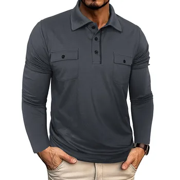 Camicia POLO da uomo autunno inverno con risvolto tascabile a maniche lunghe Polo casual da esterno europea americana Top in cotone