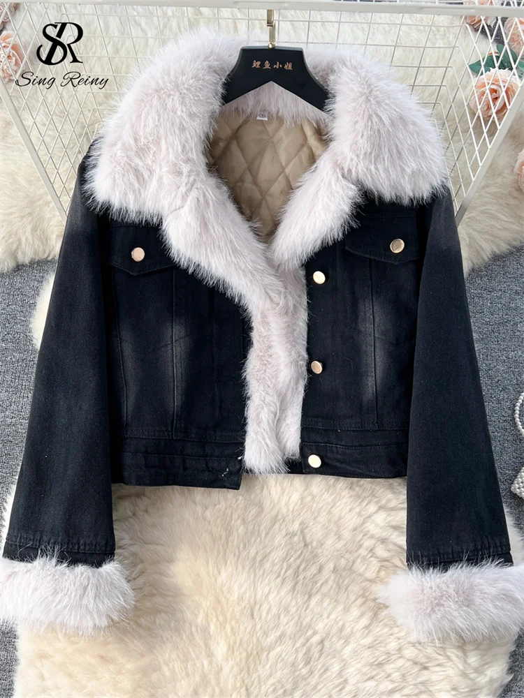 

BabYoung Winter Thick Denim Fur Jackets Women Lapel Neck Long Sleeves Button Design Short Outwear 2023 Fashion Streetwear Coat