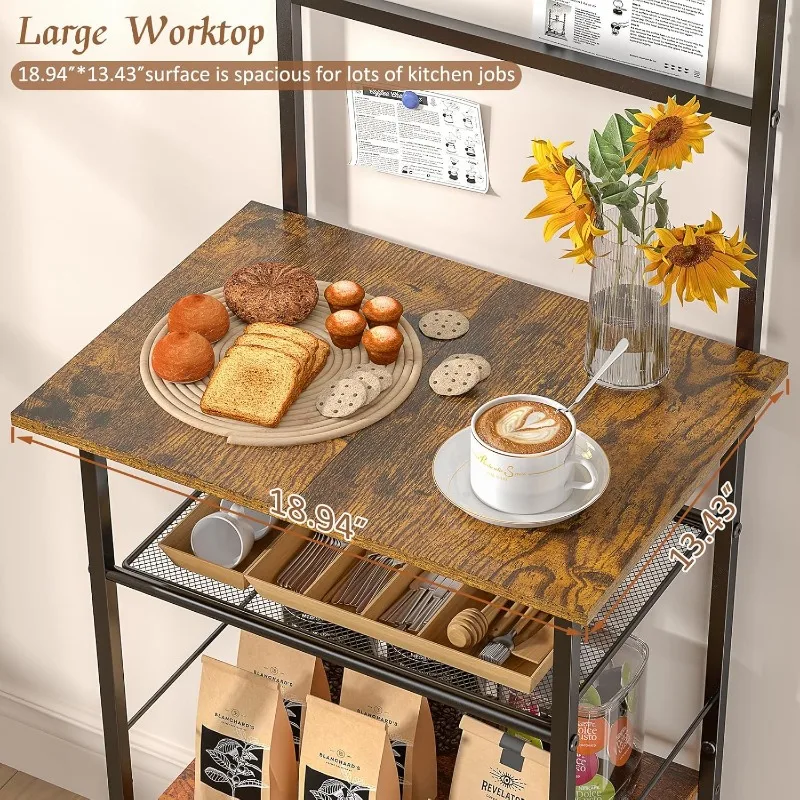 5 Tier Coffee Bar Station, Coffee Stand Station with 4 S-Shaped Hooks, Farmhouse Corner Coffee Bar Cabinet for Small Spaces, 4