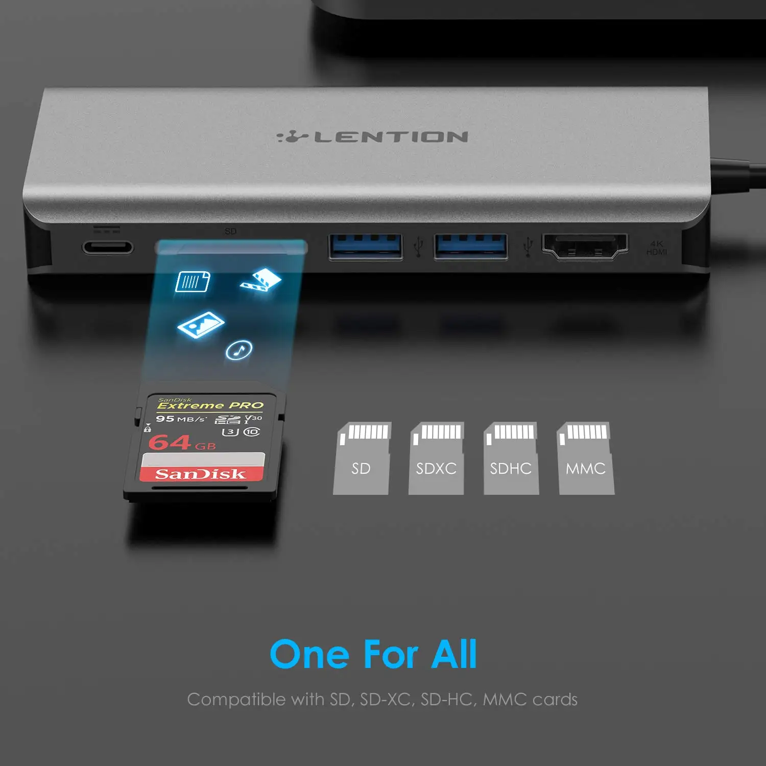 Фото Концентратор LENTION 2 USB C 3,0 с кардридером 4K HDMI SD Type C для зарядки и Ethernet совместимый с MacBook Pro/Air/поверхностный адаптер №4