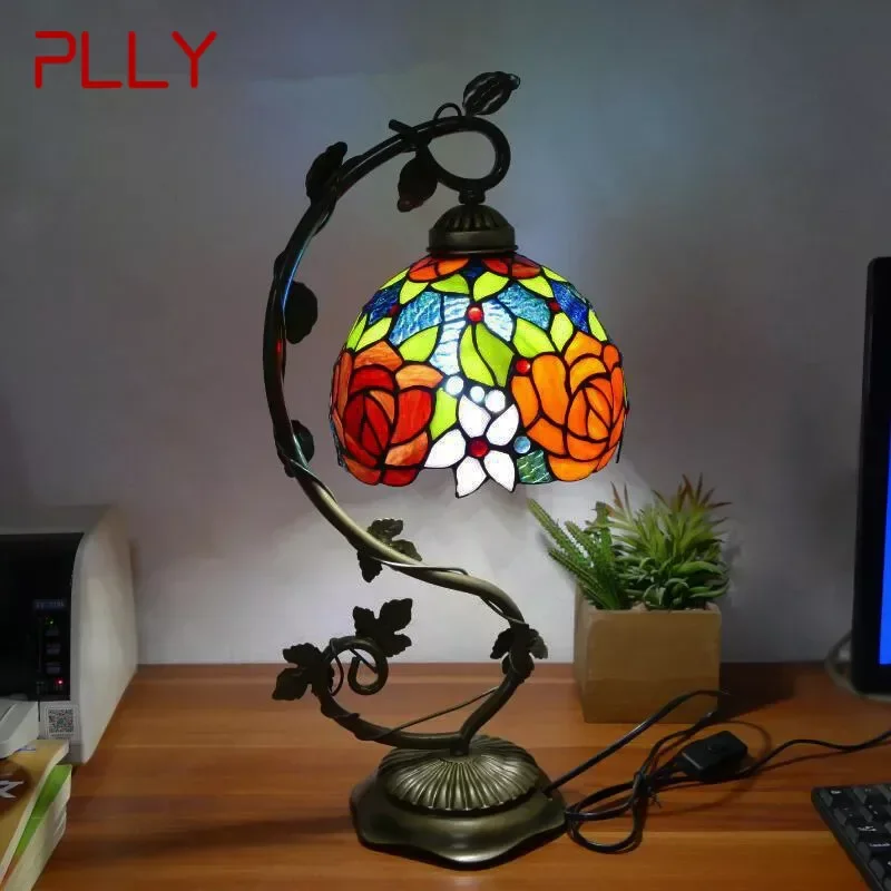 

PLLY Tiffany Table Lamp American Retro Living Room Bedroom Lamp Luxurious Villa Hotel Stained Glass Desk Lamp