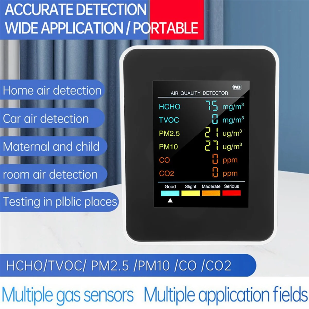 6 in 1 PM2.5 PM10 HCHO TVOC CO CO2 Air Quality Detector CO CO2 Formaldehyde Monitor Home Office Air Quality Tester,White F