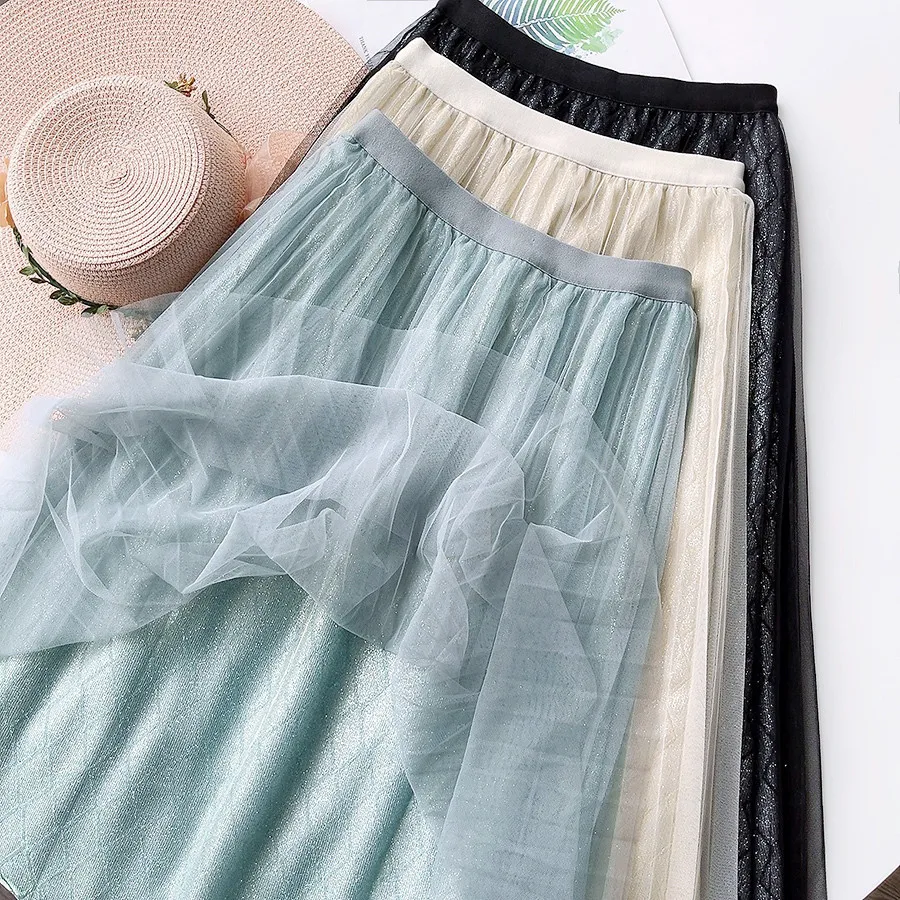 crop top with skirt 2022 Women Summer Bohemian Mesh Long Skirt Femme Stretch High Waist  Women A-Line Skirt Beige Color Elegant Women Skirt golf skirt