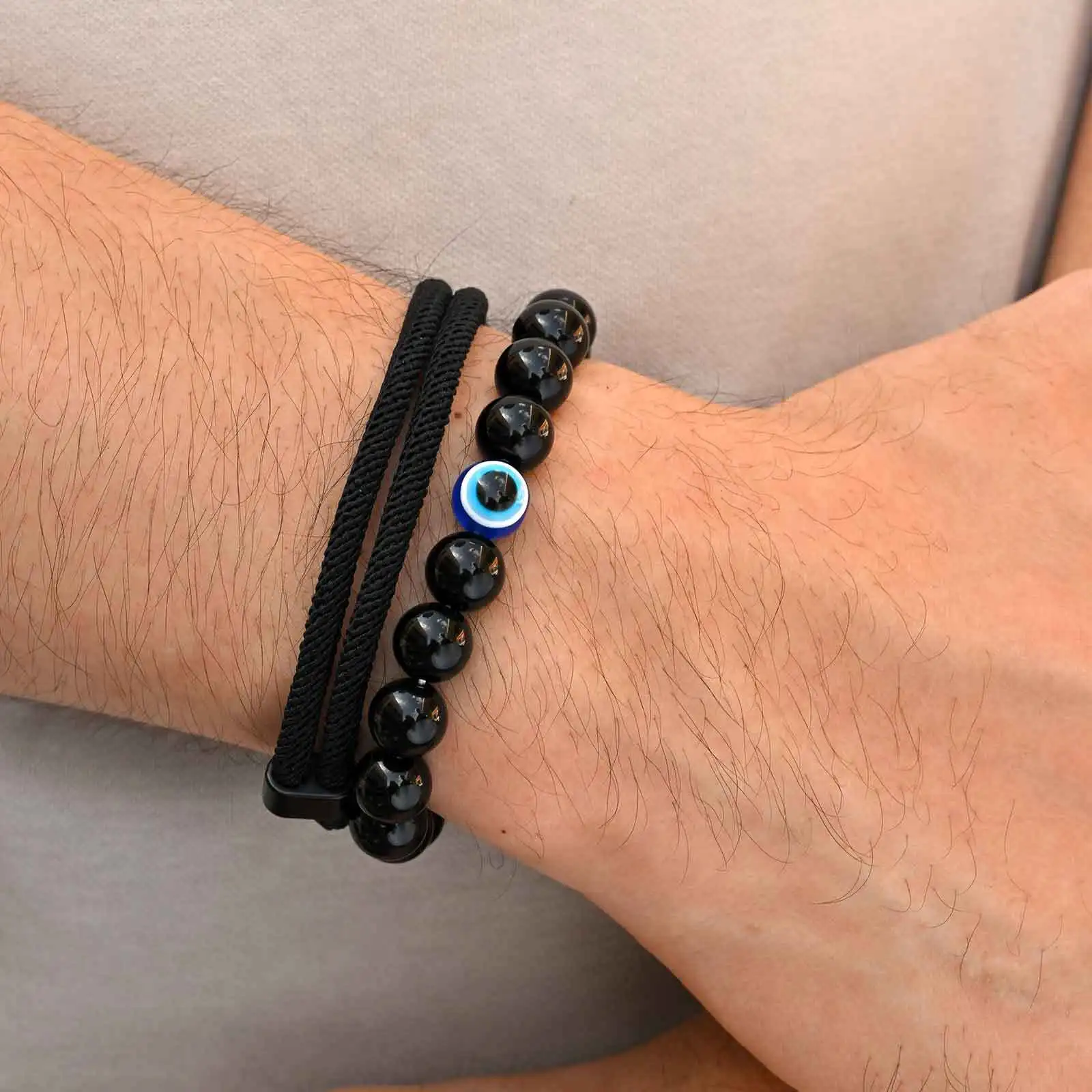 2pcs Devid Eye Beaed Bracelet for Men Boys,Cool Black Color Adjustable Rope Wristband,Türkiye Birthday Party Anniversary Gift