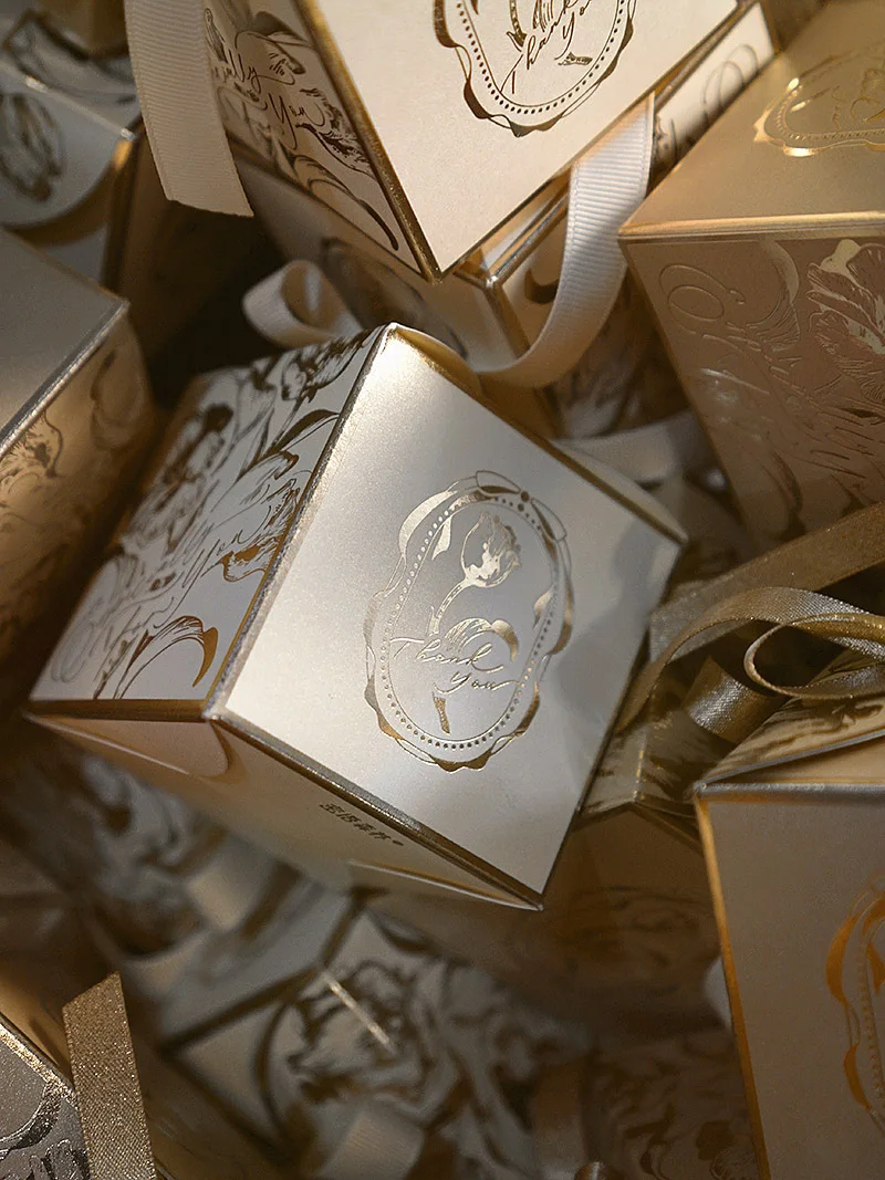 Exquisite Square Gold Gift Boxes – Printed Tulip Candy Packaging with Ribbon, Perfect f... - SKU PGB12153 - UGI Packaging