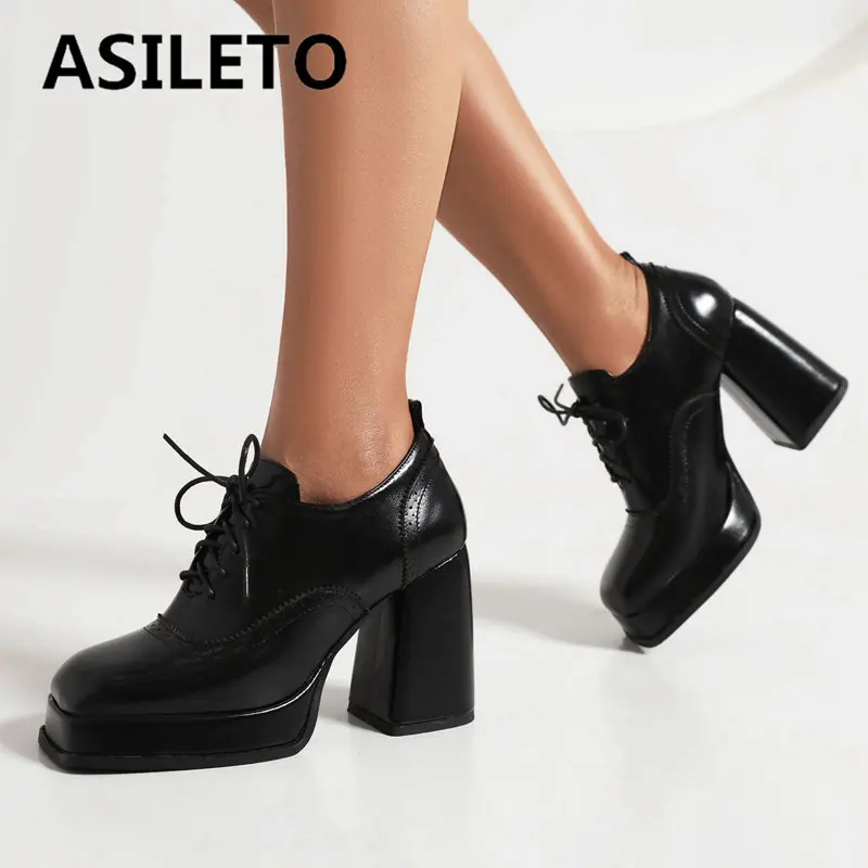

ASILETO Brand Women Pumps Square Toe Chunky High Heels Platform Lace Up Casual Daily Office Ladies Shoes Plus Size 40 41 42 43