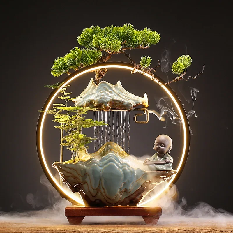 売約済み デスクトップ噴水 卓上噴水 4段 小型滝噴水 LEDリングライト付き 屋内