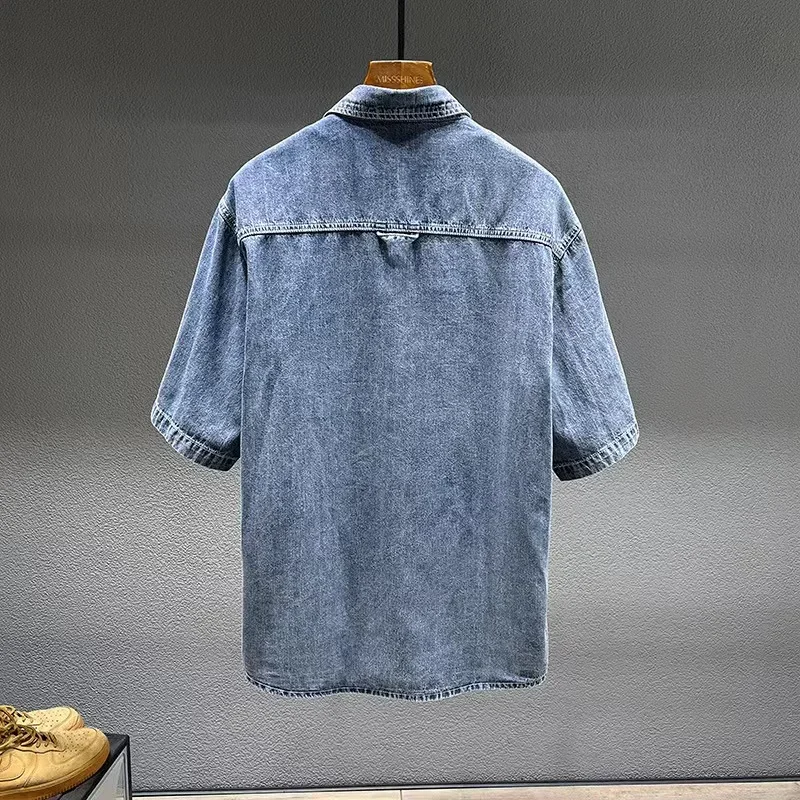 Denim Shirt Men's Summer Denim Short-sleeved Retro Large Size Tooling Loose Casual Tops All-match 7XL 8XL denim shirt