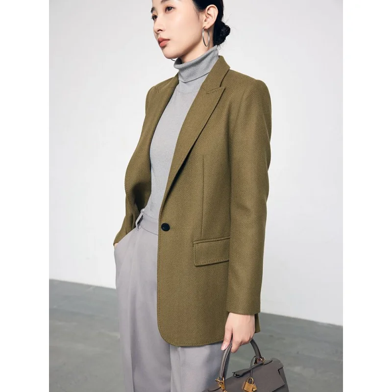Women's Classic One-Button Herringbone Cashmere Wool Suit Slim Fit Thick Suit Coat Autumn and Winter