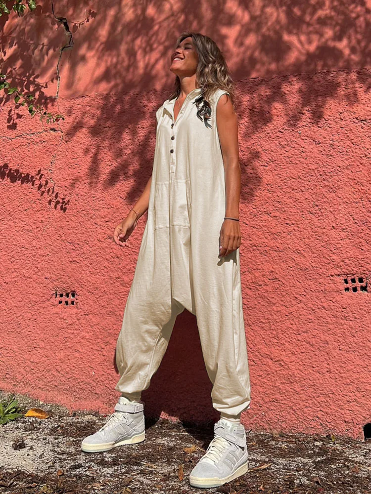Summer Women Solid Jumpsuit Fashion Casual Loose Sleeveless Hooded Romper Streetwear 2024 New Casual Jumpsuits Overalls