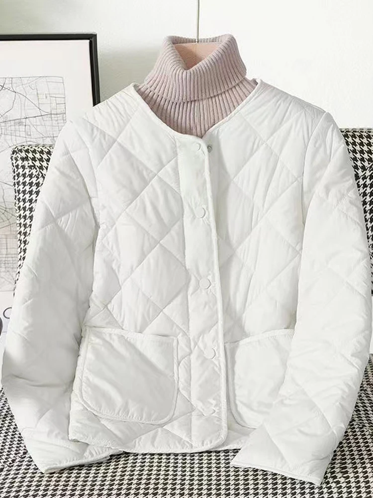 

Winter Solid Rhombic Lattice Quilted Jackets Women's Stand Collar Single-Breasted Pockets Cotton Coat Warm Office Lady Outerwear