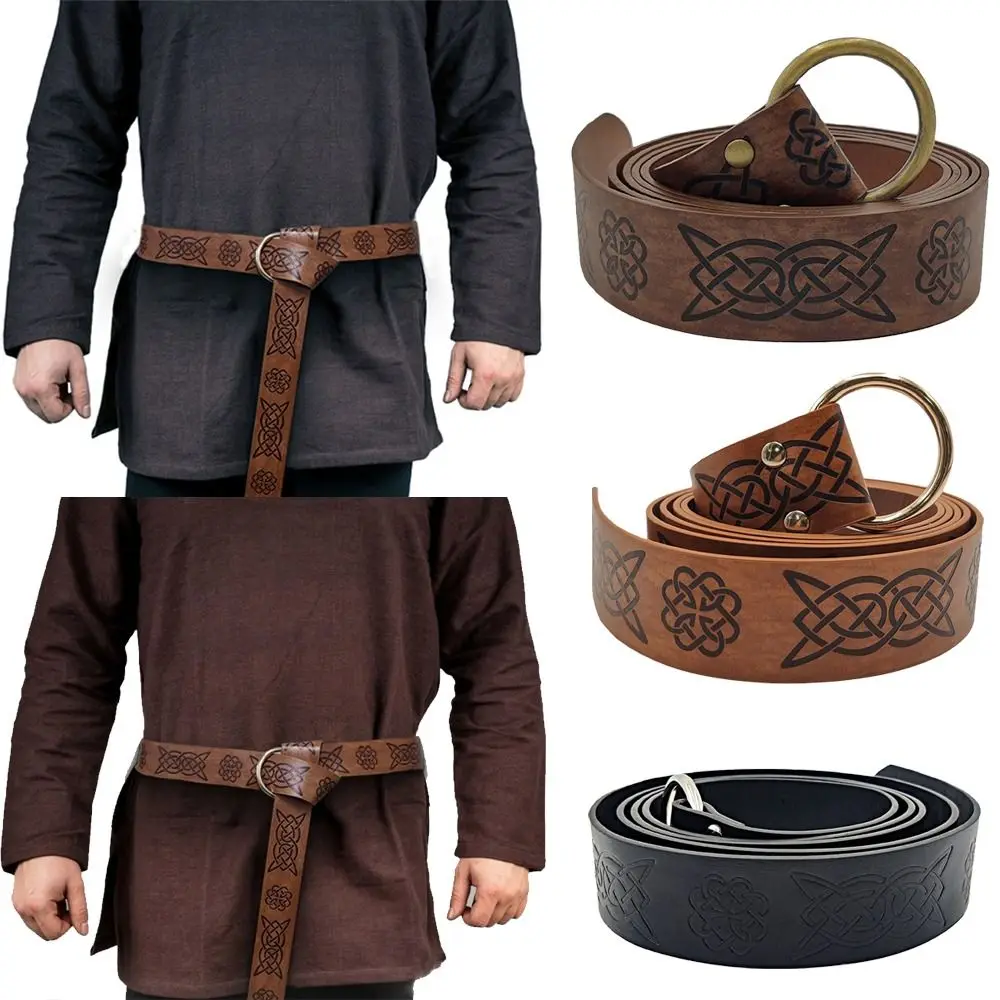

Retro Cosplay Casual Knight Belts Viking Vegvisir Pants Bands Medieval Embossed Leather Belt O Ring Buckle Waistband