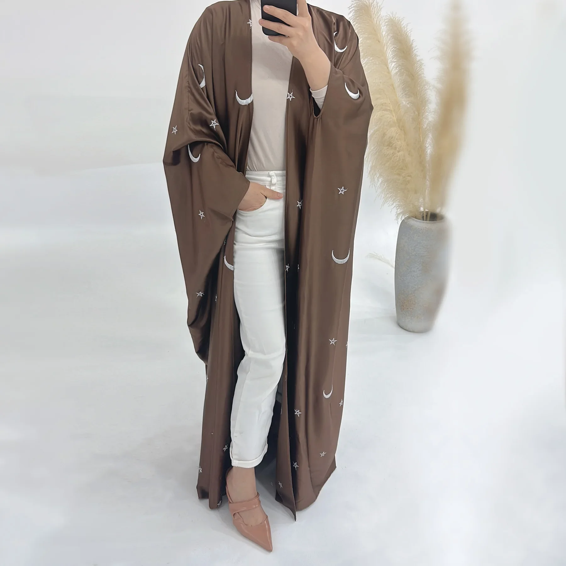 Satin Moon Embroidery Abaya Open Kimono Cardigan Muslim Abayas for Women Dubai 2024 Luxury Turkey Kaftan Islamic Outfit Ramadan