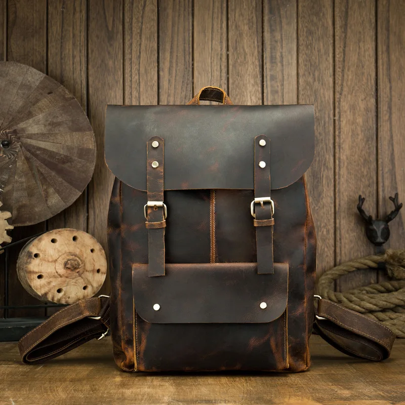 

Handmade Genuine Leather Backpack for Men's Outdoor Travel Cowhide Back for Men's Crazy Horse Leather Leisure Computer Backpack