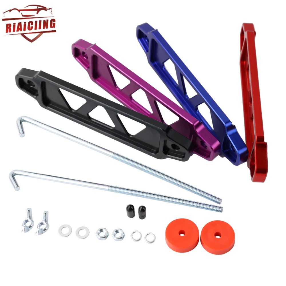 Battery Tie Down Bracket JDM Battery Hold Down Sets Billet Aluminum Battery Tie Down Bracket Mount Bracket Brace Bar 8'' J-Hook Bolt