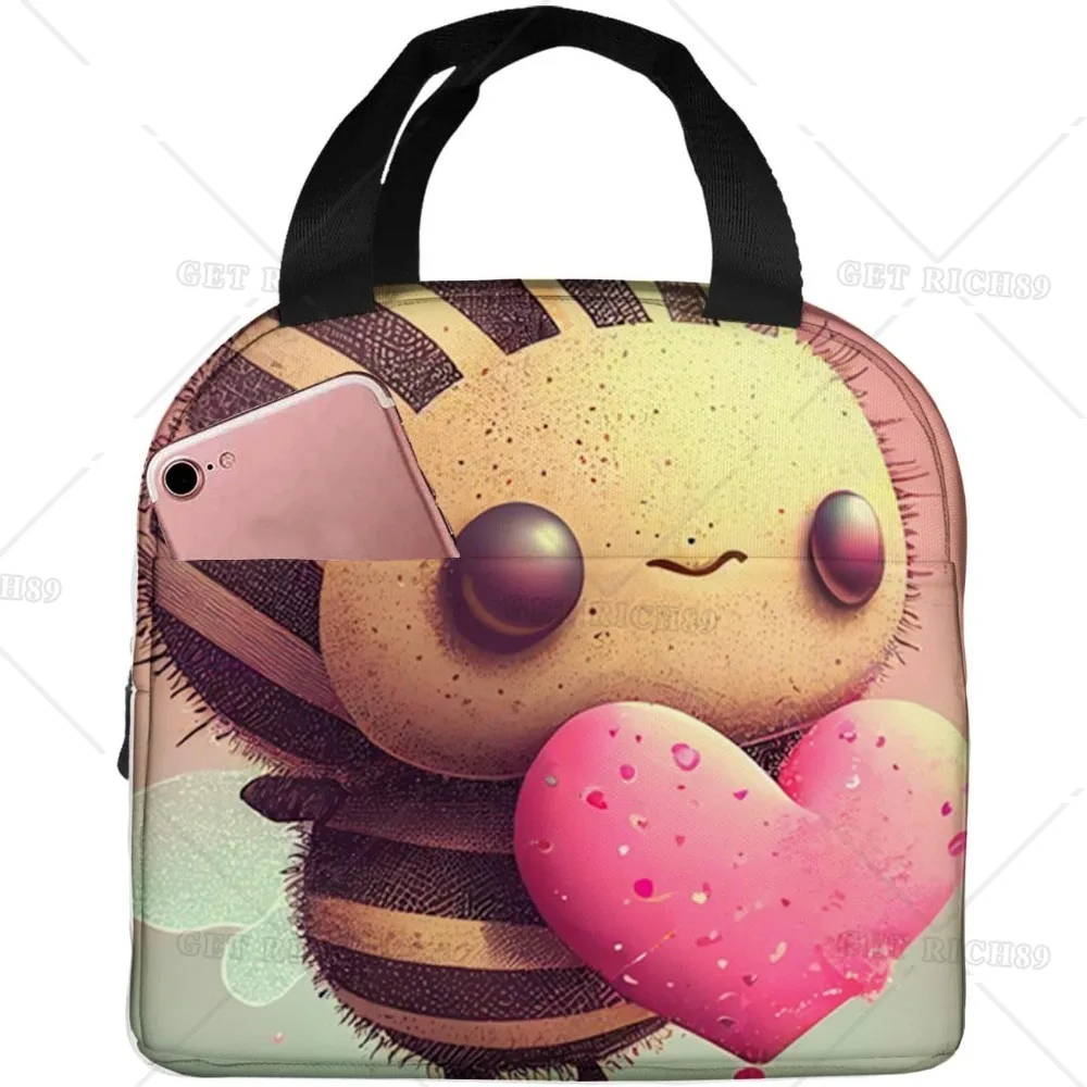 

Valentine's Day Insulated Lunch Bag for Women Men Work,Cute Bee Holding A Heart on Pink Background Reusable Box for Adult Office