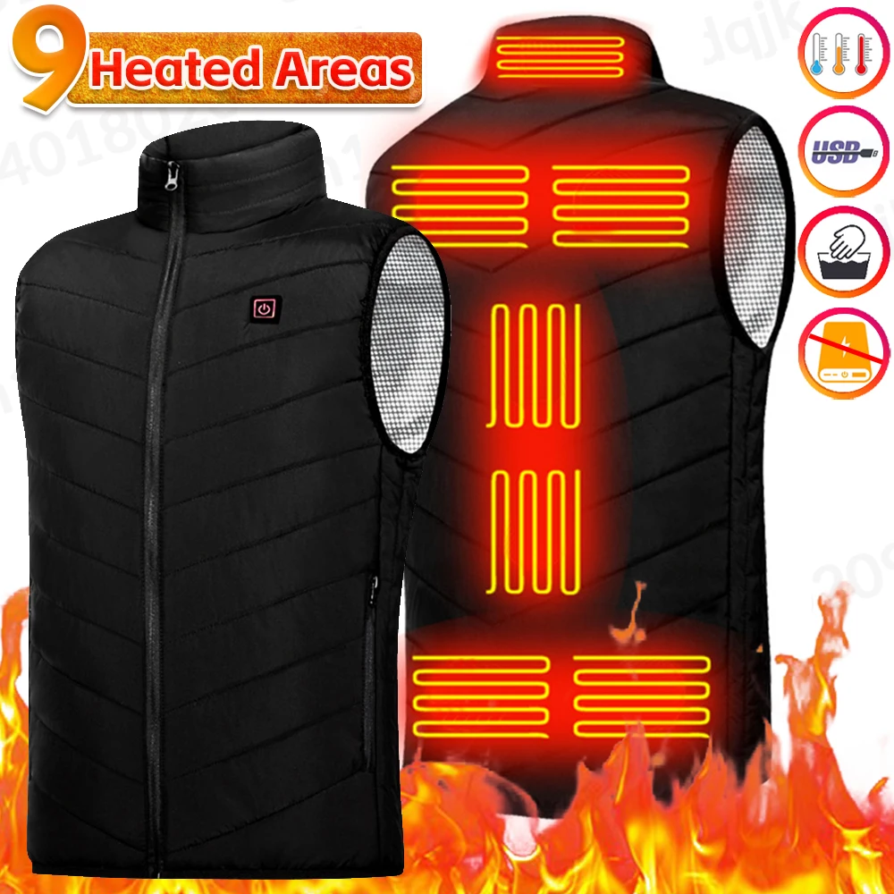 9 Areas Heated Vest Jacket USB Men Winter Electrically Heated Thermal Waistcoat for Hunting Hiking Warm Hunting Jacket S-6XL