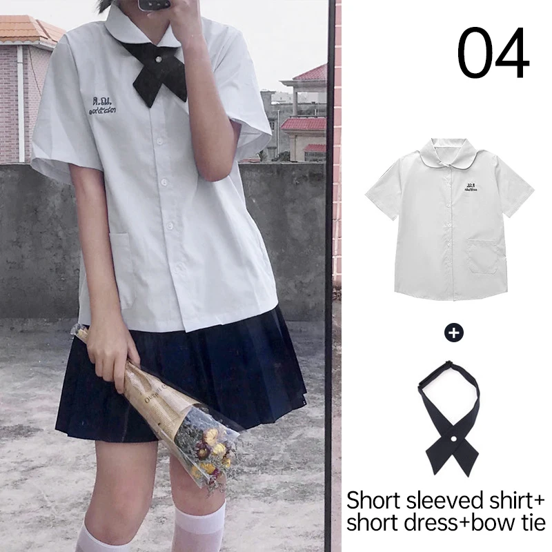 Men/Women JK Uniform Thai Style School Uniforms Short Sleeve White/Light Purple Shirt Preppy Style Pleated Skirt w/bow Tie