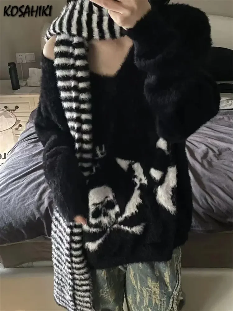 

Loose Mohair Thick Sweater Women Aesthetic Knitted Punk Vintage Pullover Sueter Mujer Harajuku Skull Print Grunge Pull Femme