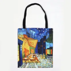 Van Gogh Inspired Canvas Tote: Artistic Oil Painting Design with Starry Night & Sunflower Motifs (Outdoor Coffee Bar)