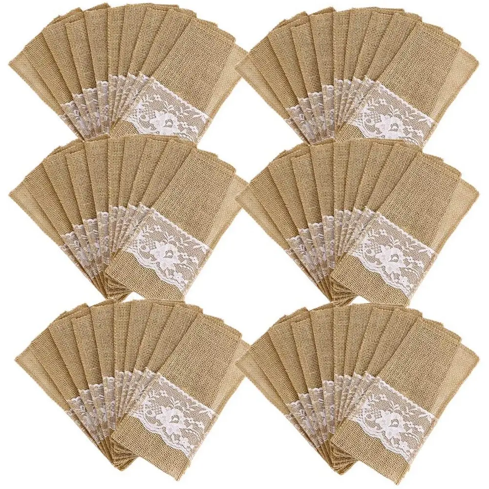 

75Pcs Burlap Lace Cutlery Pouch Rustic Wedding Tableware Knife Fork Holder Bag Hessian Jute Table Decoration Accessories