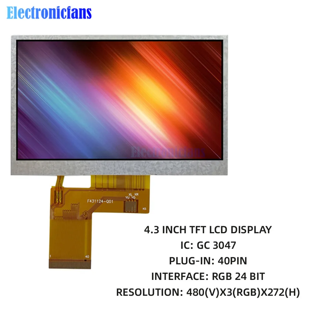 

3.3V 4.3 Inch TFT LCD Display Screen Module 480x272 Resolution White LED Backlight Bright 40PIN RGB GC3047 Color Screen No Touch