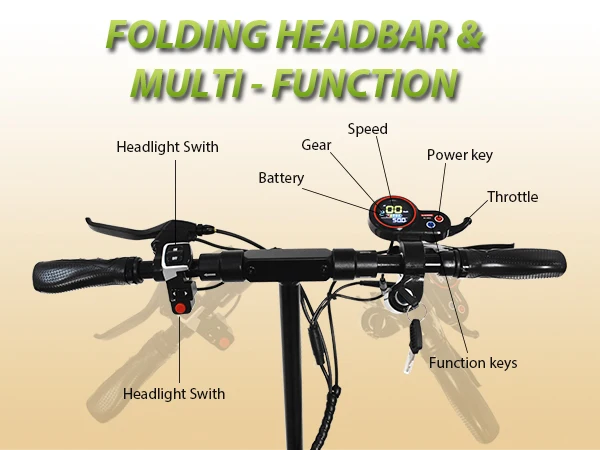 Foldable electric scooter designed for adults with a folding headbar and multiple functions, ideal for commuters.