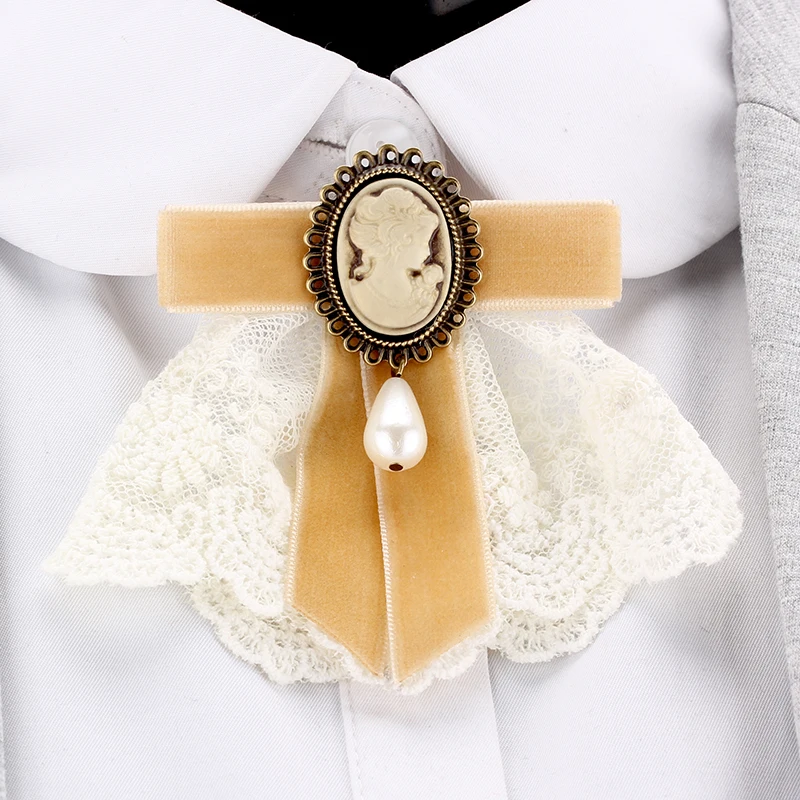 Elegant Lace Velvet Ribbon Bowknot Bronze Plated Queen Cameo Beauty Head Venetian Pearl Water Drop Women Brooch Lapel Pins Gifts metal brooch,enamel brooch,pearl beaded brooch