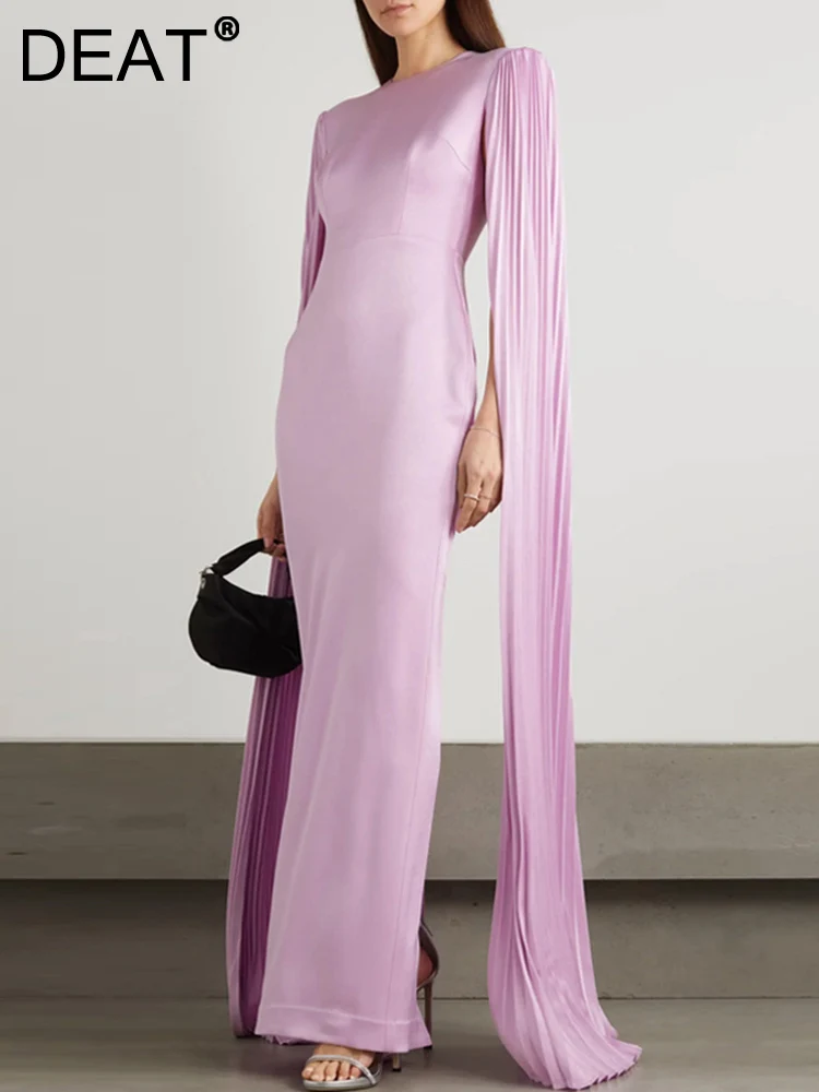 

DEAT Womne Fashion Evening Dress O-neck Long Split Pleated Sleeve Solid Color Slim Elegant Party Dresses Autumn 2023 New 13DB749