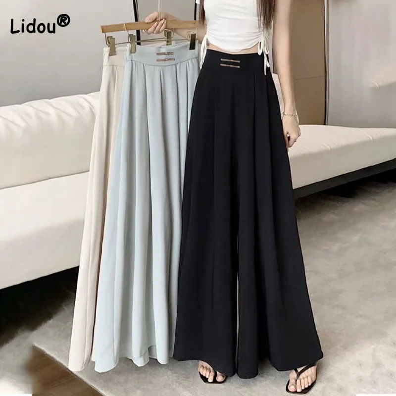 Female Simplicity Solid Color Fashion Pleated Wide Leg Pants Loose Casual High Waist Spliced Trousers Summer Women's Clothing