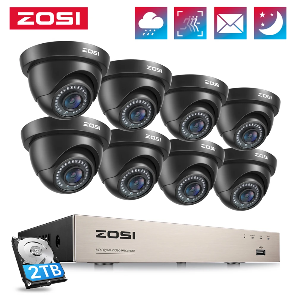

Система видеонаблюдения ZOSI 1080p, 8 каналов, HD-TVI, 1080P, H.265 + видеорегистратор с 8 комплектами HD 2.0MP In/Outddor Купольные Камеры видеонаблюдения