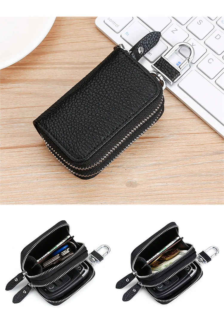 New Genuine Leather Car Key Pouch Wallet Double Zipper Crazy Horse Leather Designer Keychain Holder Organizer Key Case Bag Cover