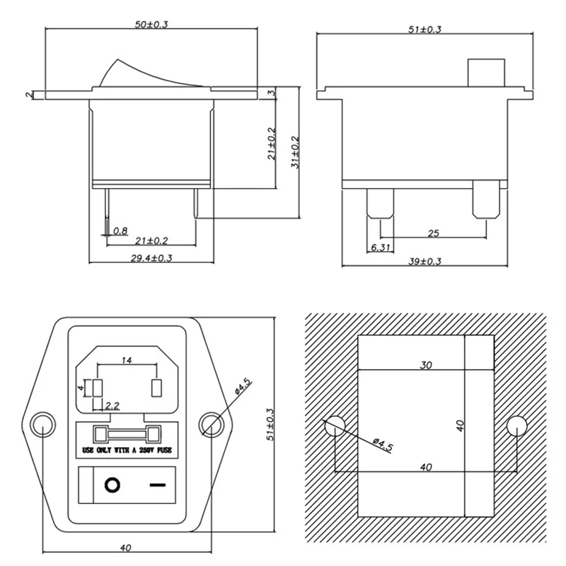 AC-01A-1 Electrical Power Socket KCD3 Rocker Switch Brass 10A Inlet Plug Connector 250V Computer Mount Outlet With Fuse