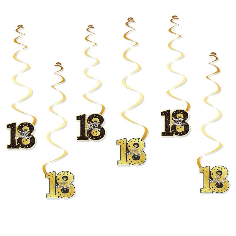 6Pcs 16/18/21/30/40/50/60/70 Years Old Birthday Party Spiral Garlands Swirl Banner Pendants Birthday Party Ceiling Hanging Decor