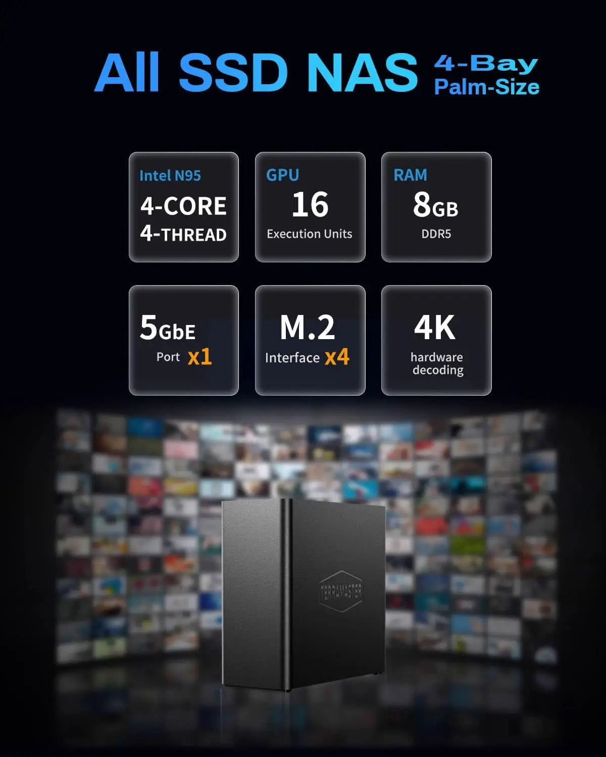 테라마스터 F4 SSD NAS 스토리지 4베이 올 SSD NAS 서버 N95 쿼드코어 CPU 8GB DDR5 RAM 5GbE 포트 손바닥 크기 고성능