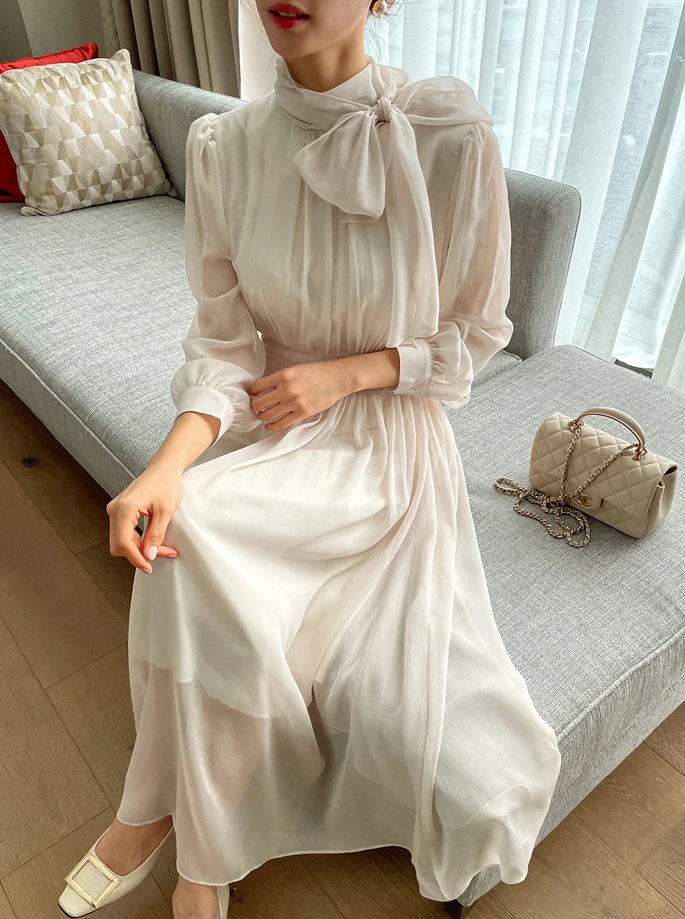 Elegant Midi Dresses for Women Long Sleeves Half High Collar Lace-up A-line Korean Fashion Autumn New One Piece Vestido Mujer