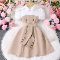 Robe princesse à manches bouffantes pour filles de 4 à 7 ans, col Peter Pan d'été, bloc de couleurs, ton terre, Durable pour l'extérieur 2