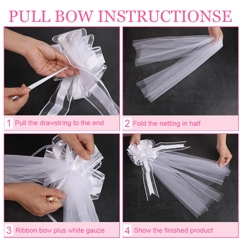 1/4pcs Large White Wedding Bow with Long Tulle Tails for Church Aisle Chair Wedding Car Decoration Festival Party Decor Supplies